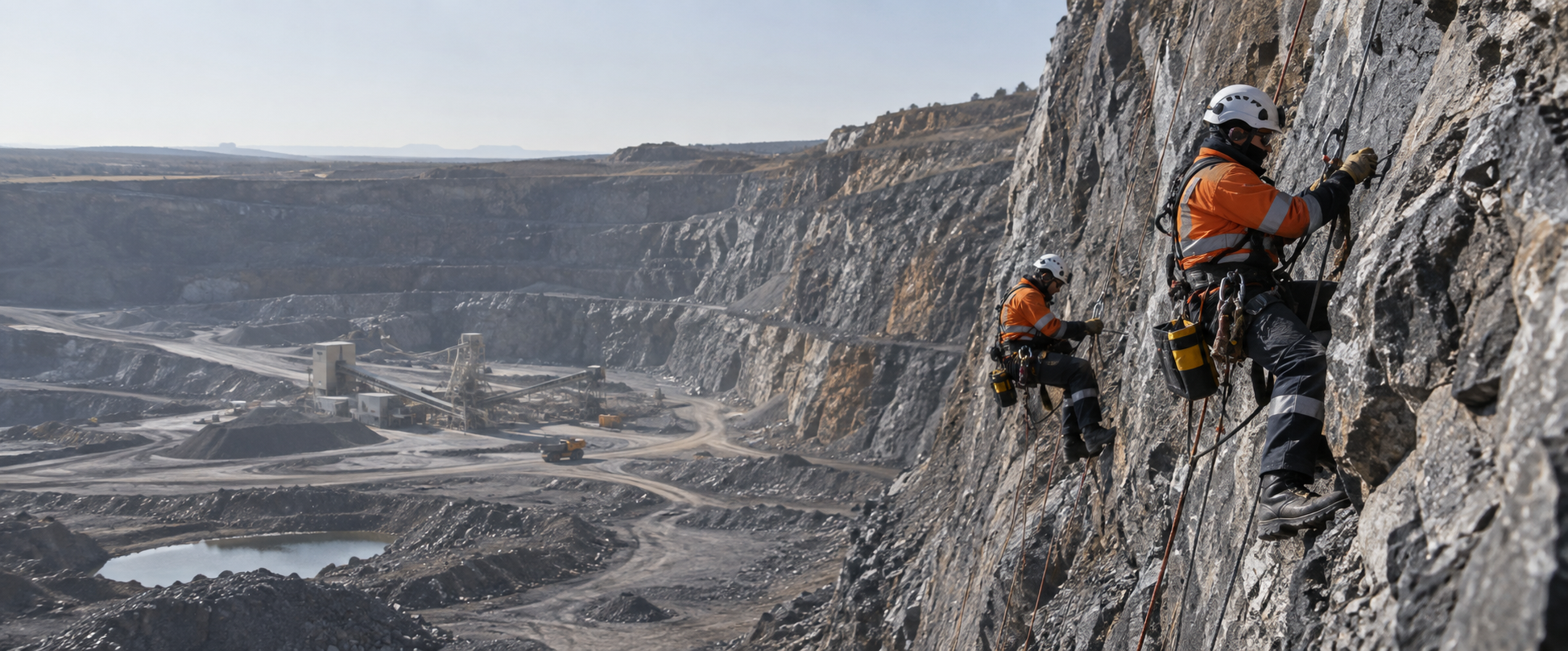 Rope access technicians working on a mining highwall